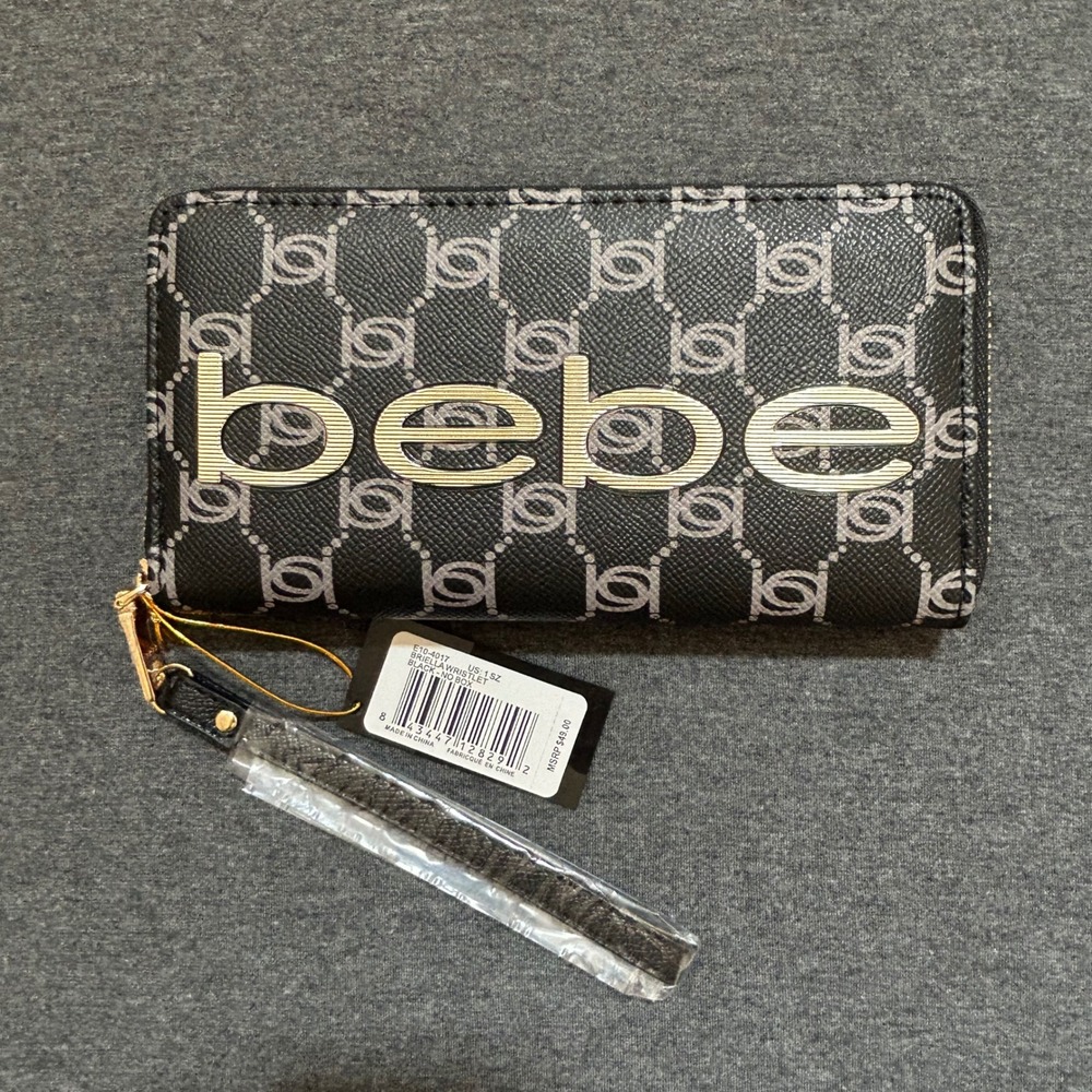 Bebe Briella Wristlet Wallet Black Monogram Gold Logo E10-4017 NWT Y2K